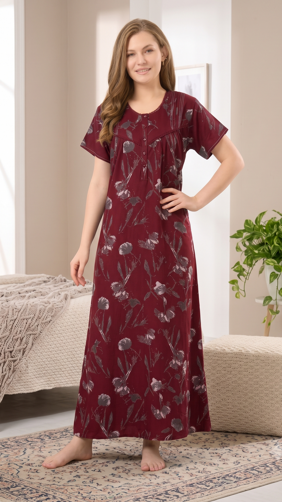 Alpine Plit Front Button Round Neck Lounge Nighty