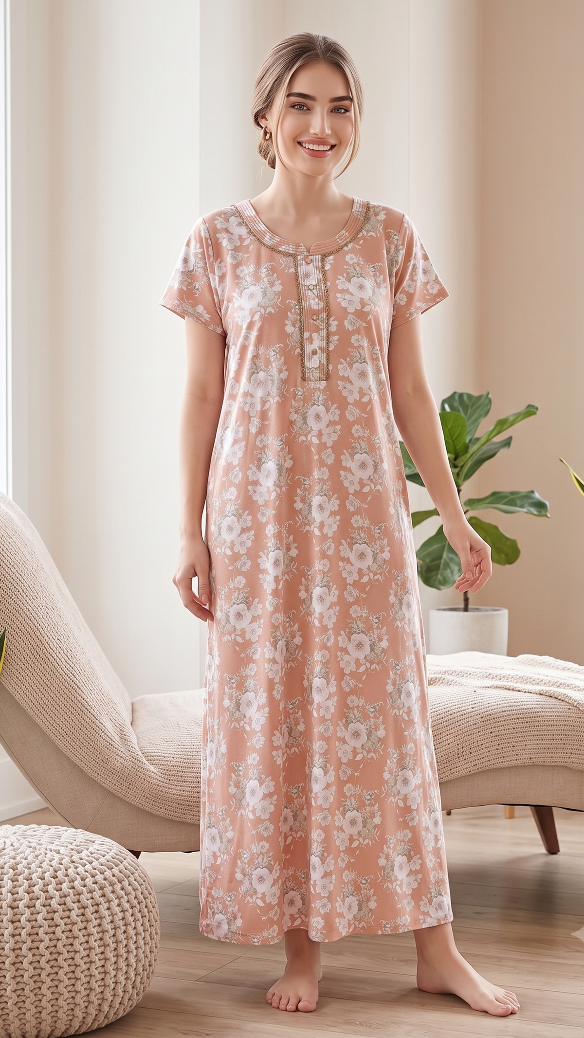 KOI Floral Blossom Alpine Cotton A-Line Nightgown with Flutter Sleeves
