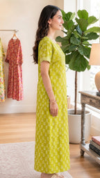 Cotton Block-Print A-Line Long Nightgown