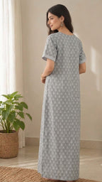 Cotton Block-Print A-Line Long Nightgown