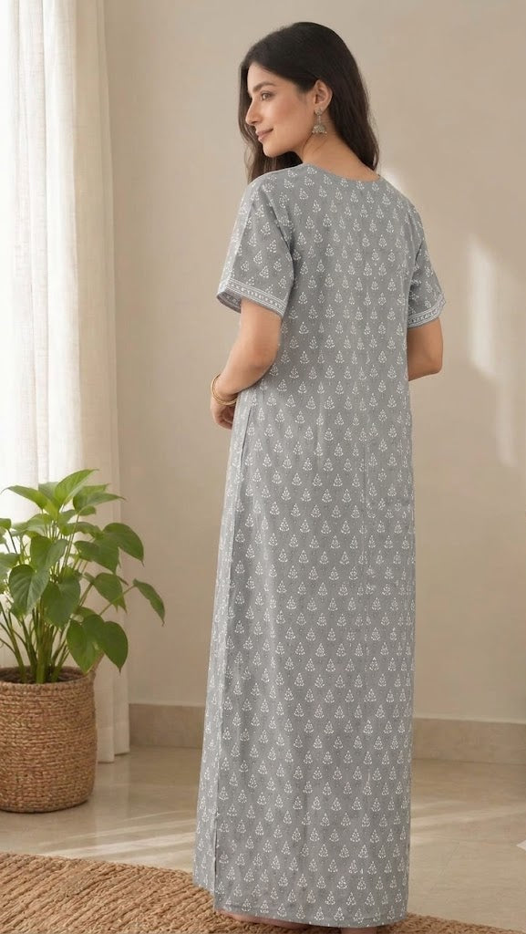 Cotton Block-Print A-Line Long Nightgown