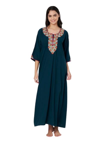 KOI SLEEPWEAR LissyBissy Cotton FLoral Embroidered 3/4th Sleeve Nightgown (Peacock Blue, L/XL)