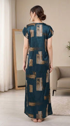 Abstract Elegance Teal Satin Long Nightgown