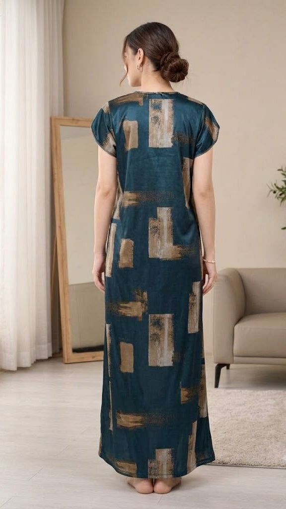 Abstract Elegance Teal Satin Long Nightgown