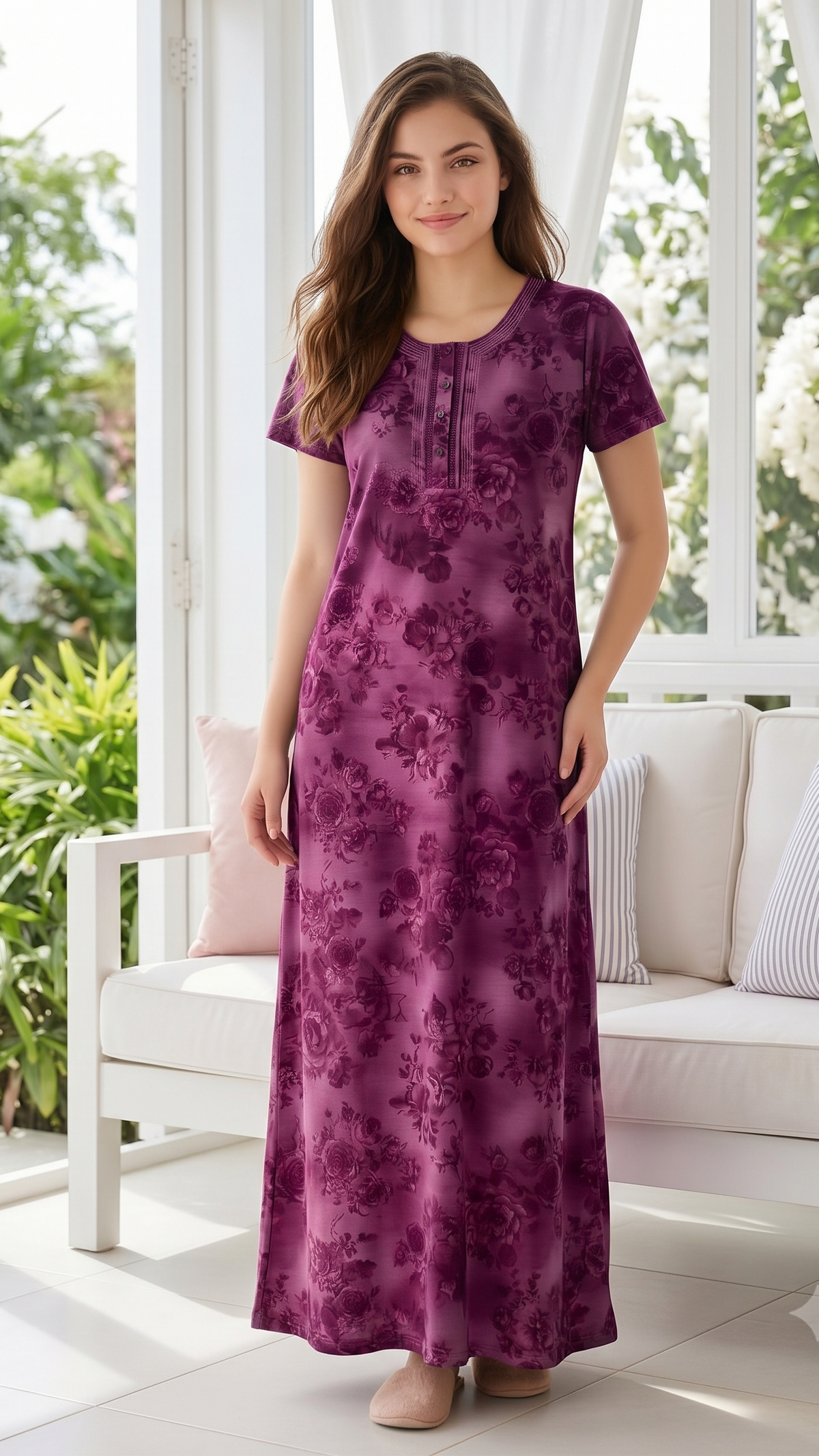 Women’s Short Sleeve Floral A-Line Alpine Nighty – Full Length Loungewear
