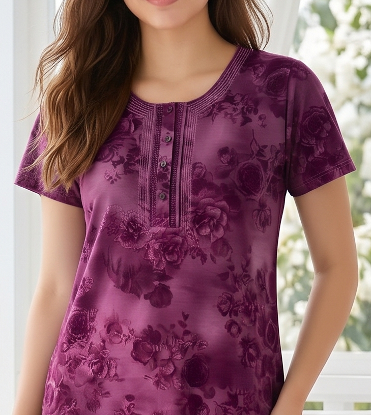 Women’s Short Sleeve Floral A-Line Alpine Nighty – Full Length Loungewear