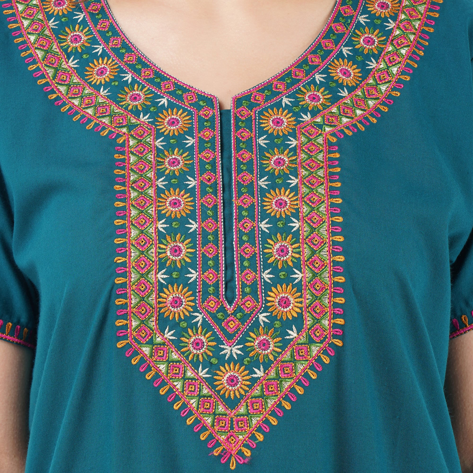 V-shaped Embroidery Night Gown