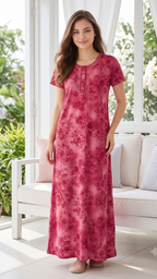Women’s Short Sleeve Floral A-Line Alpine Nighty – Full Length Loungewear