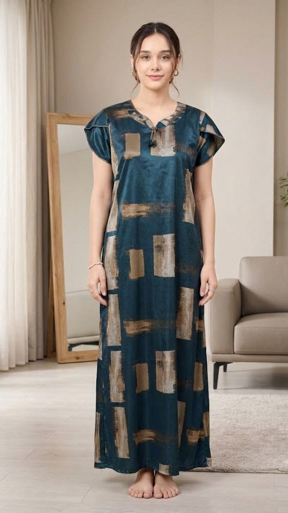 Abstract Elegance Teal Satin Long Nightgown
