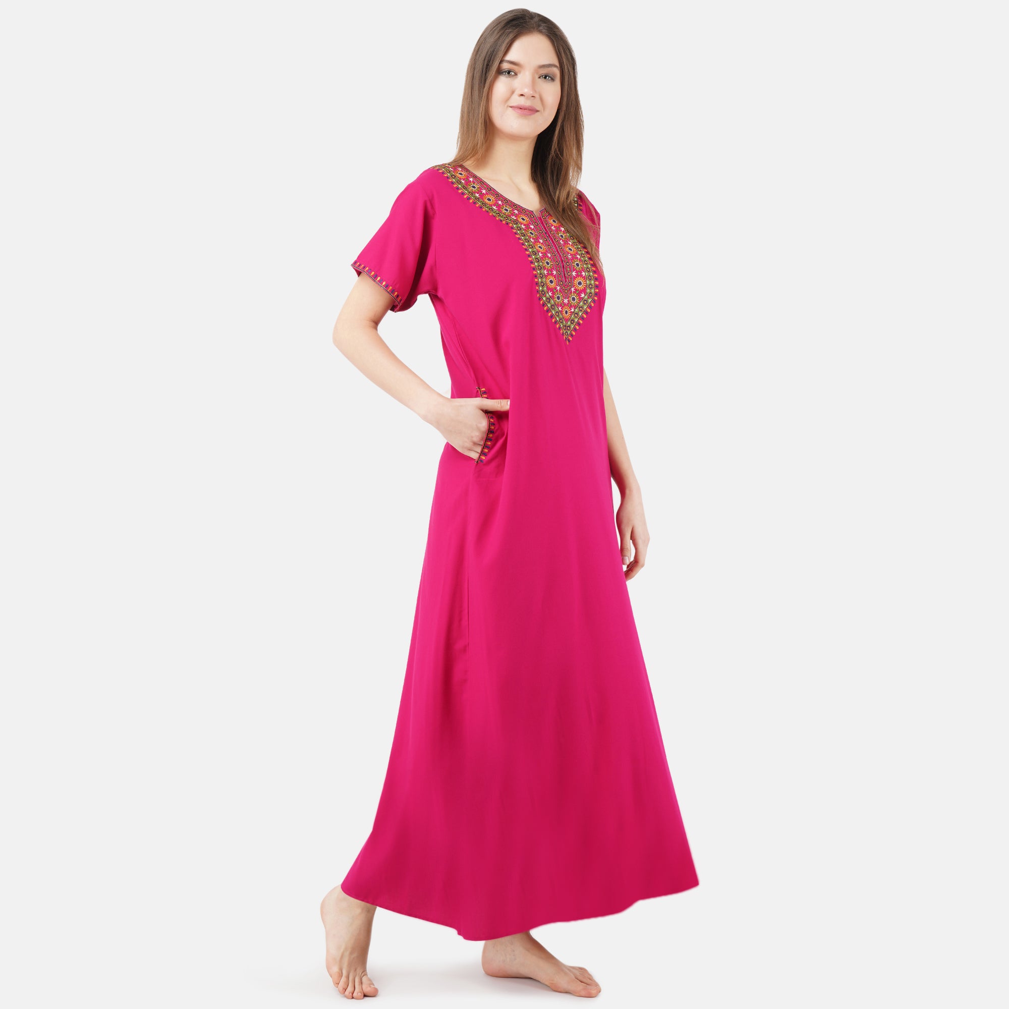V-shaped Embroidery Night Gown