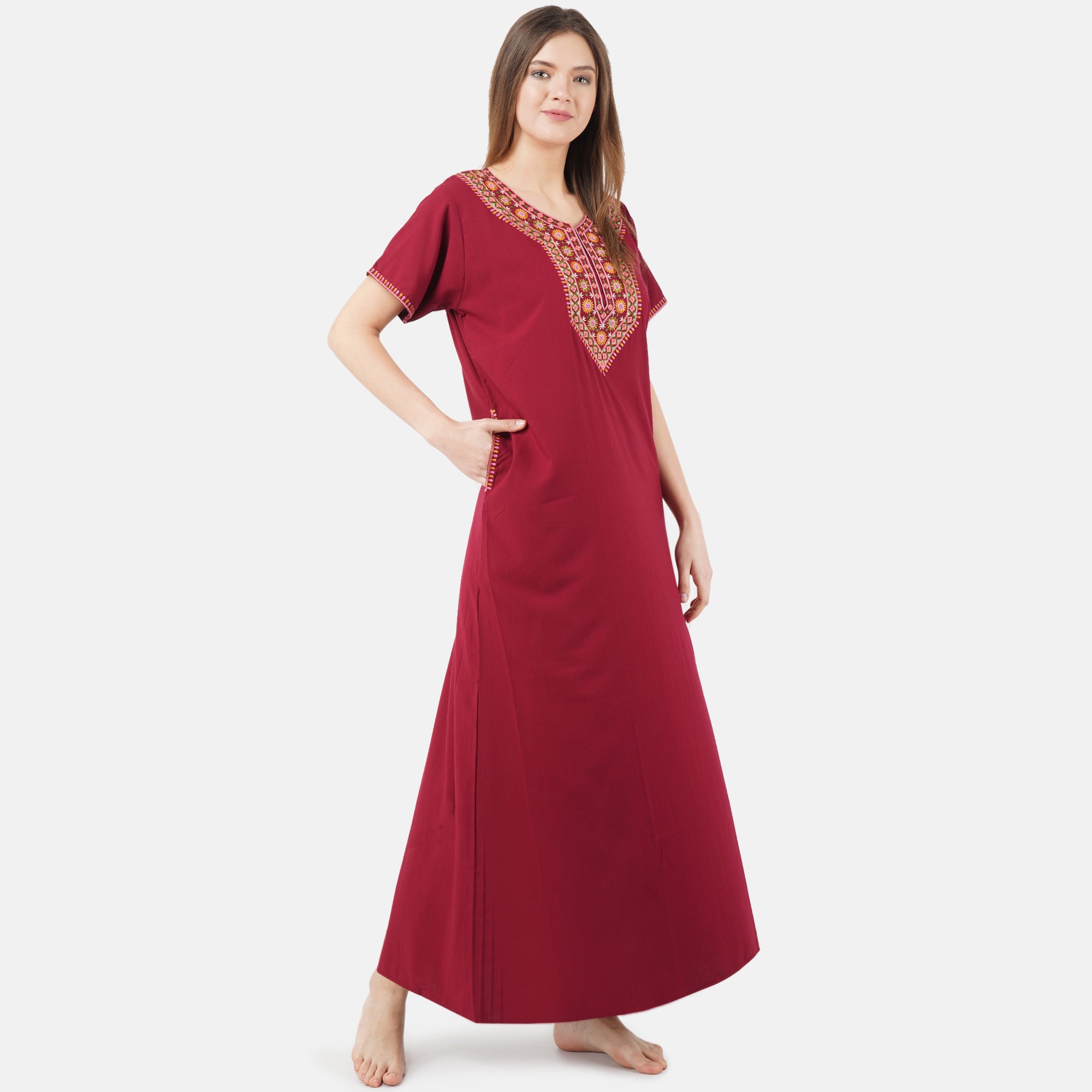 V-shaped Embroidery Night Gown