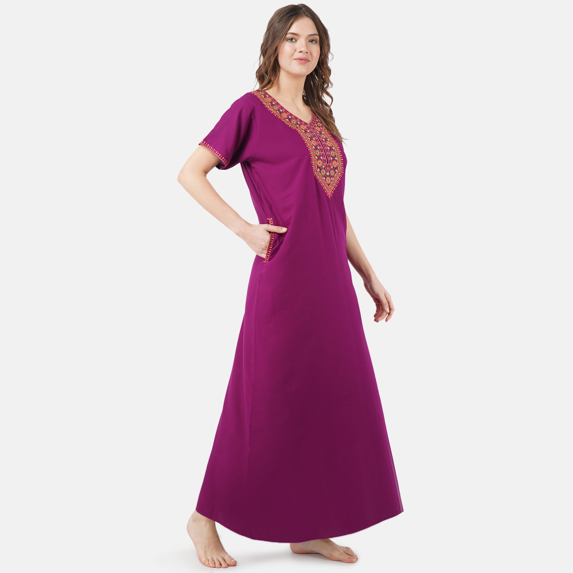 V-shaped Embroidery Night Gown