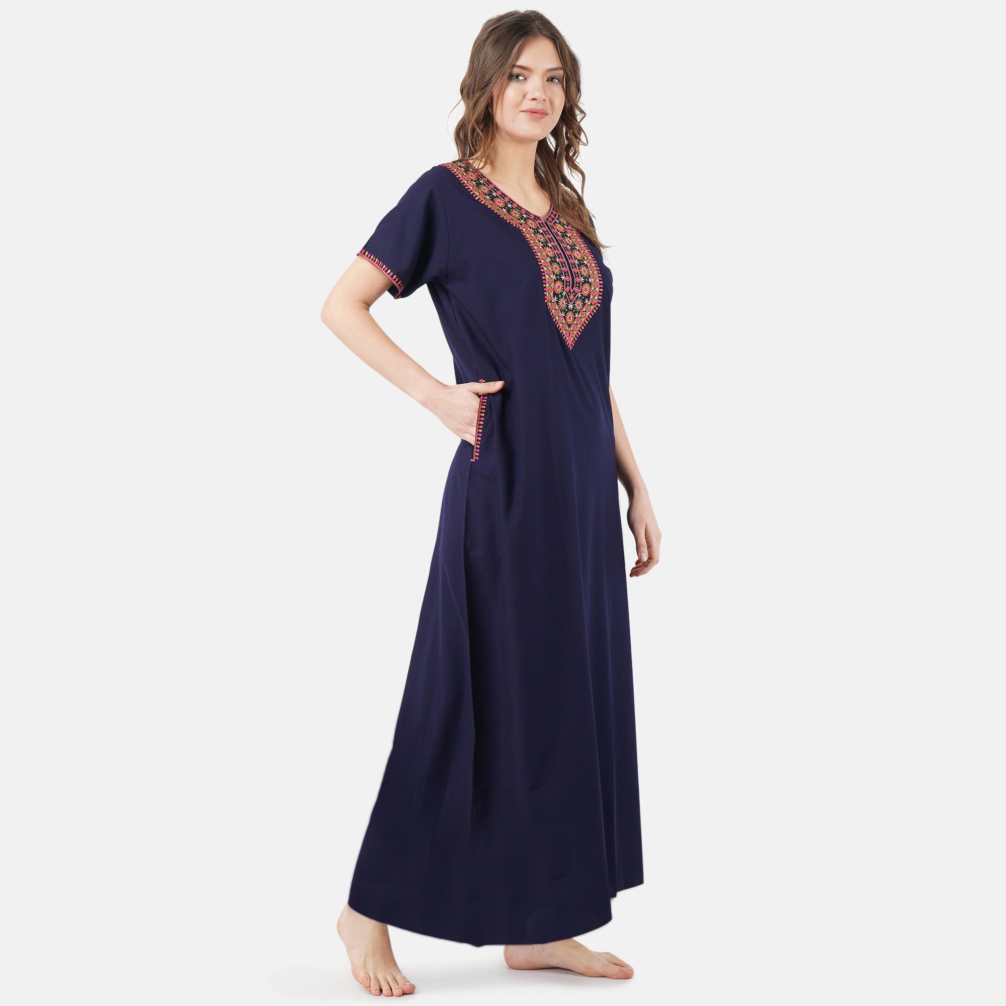 V-shaped Embroidery Night Gown