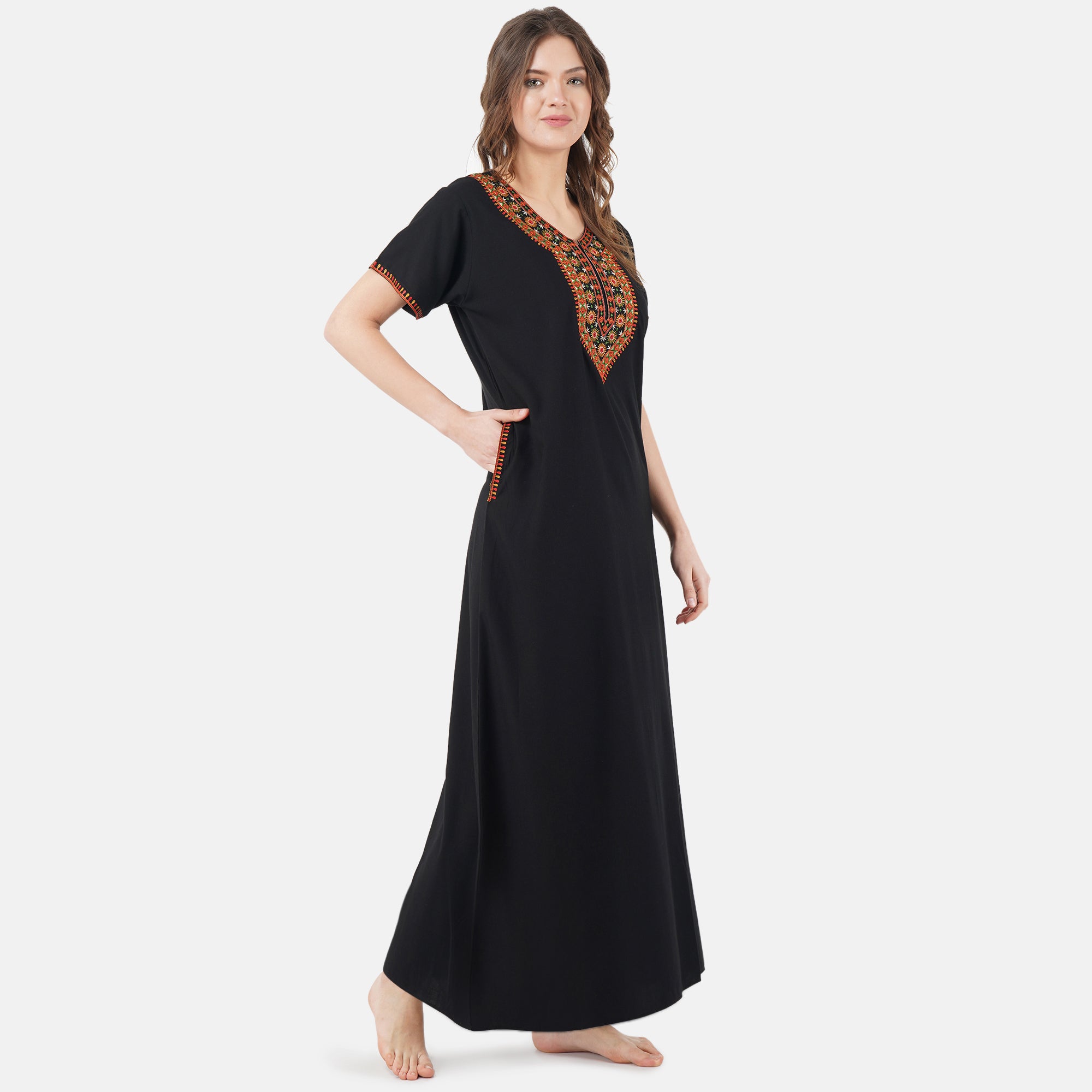 V-shaped Embroidery Night Gown