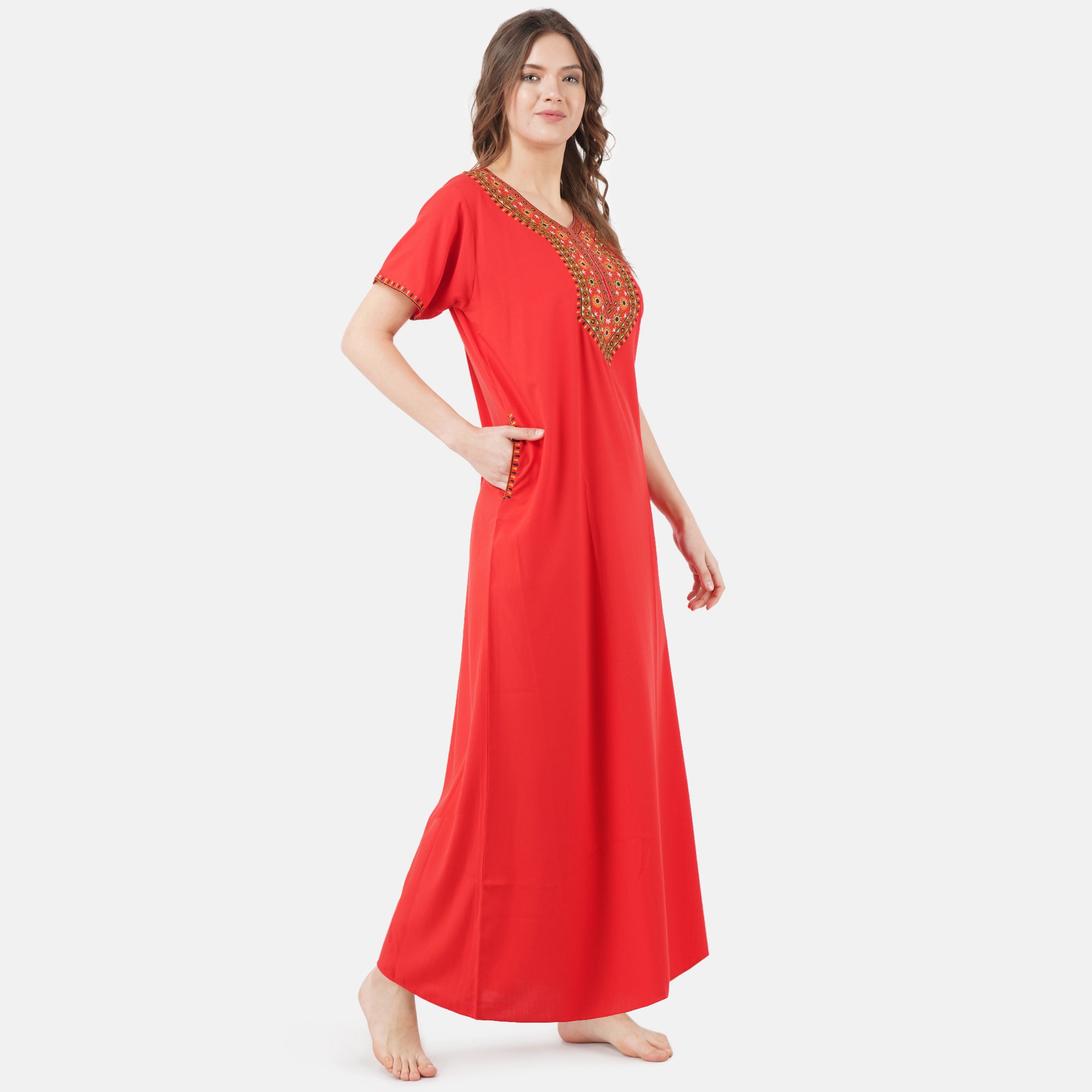 V-shaped Embroidery Night Gown