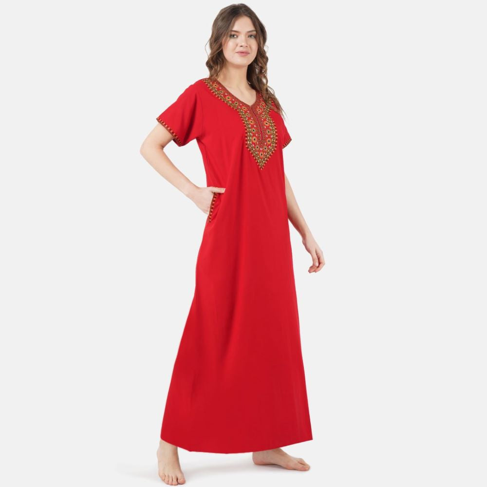 V-shaped Embroidery Night Gown