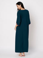 KOI SLEEPWEAR LissyBissy Cotton FLoral Embroidered 3/4th Sleeve Nightgown (Peacock Blue, L/XL)