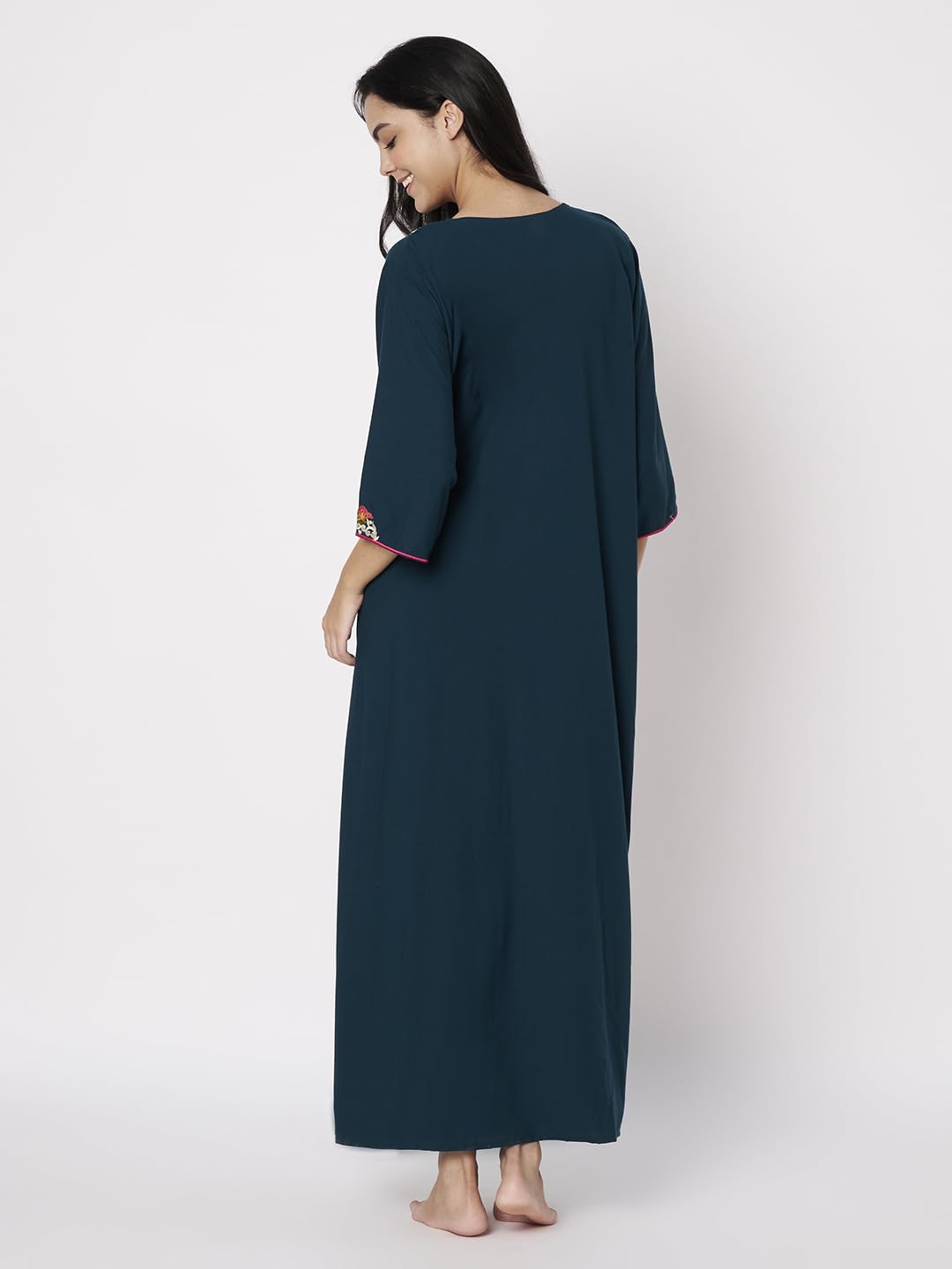 KOI SLEEPWEAR LissyBissy Cotton FLoral Embroidered 3/4th Sleeve Nightgown (Peacock Blue, L/XL)