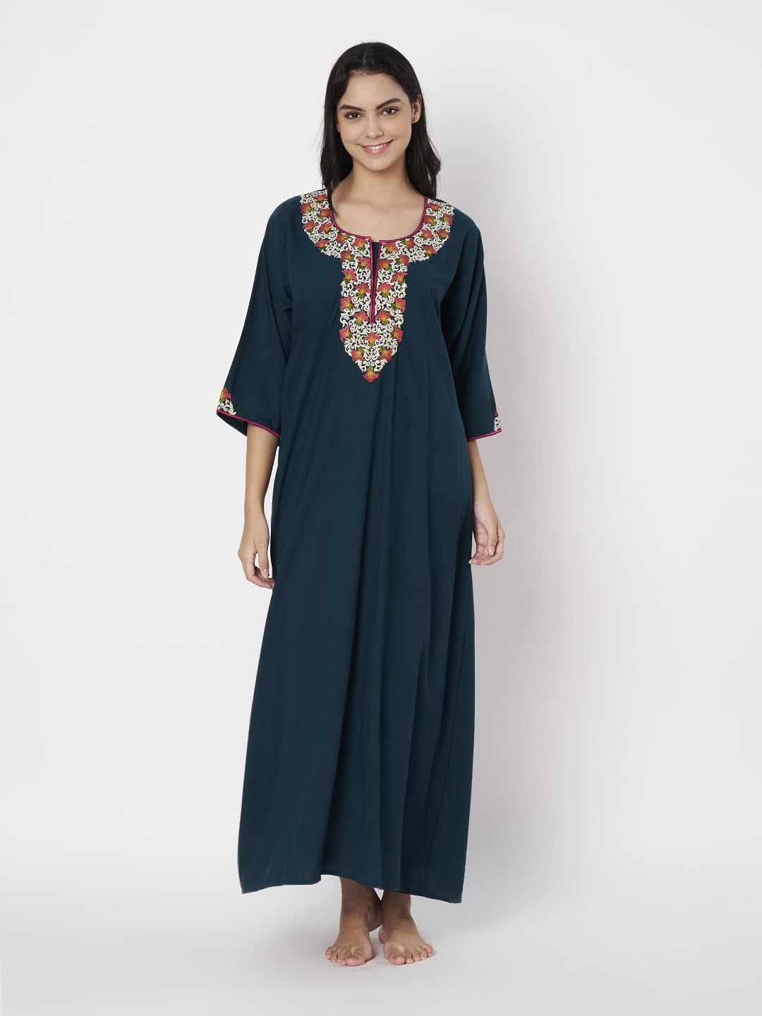 KOI SLEEPWEAR LissyBissy Cotton FLoral Embroidered 3/4th Sleeve Nightgown (Peacock Blue, L/XL)