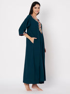 KOI SLEEPWEAR LissyBissy Cotton FLoral Embroidered 3/4th Sleeve Nightgown (Peacock Blue, L/XL)