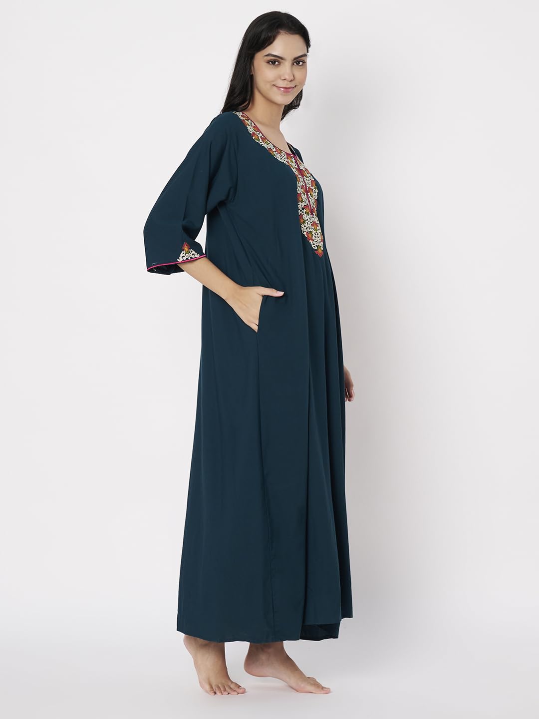 KOI SLEEPWEAR LissyBissy Cotton FLoral Embroidered 3/4th Sleeve Nightgown (Peacock Blue, L/XL)