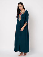 KOI SLEEPWEAR LissyBissy Cotton FLoral Embroidered 3/4th Sleeve Nightgown (Peacock Blue, L/XL)