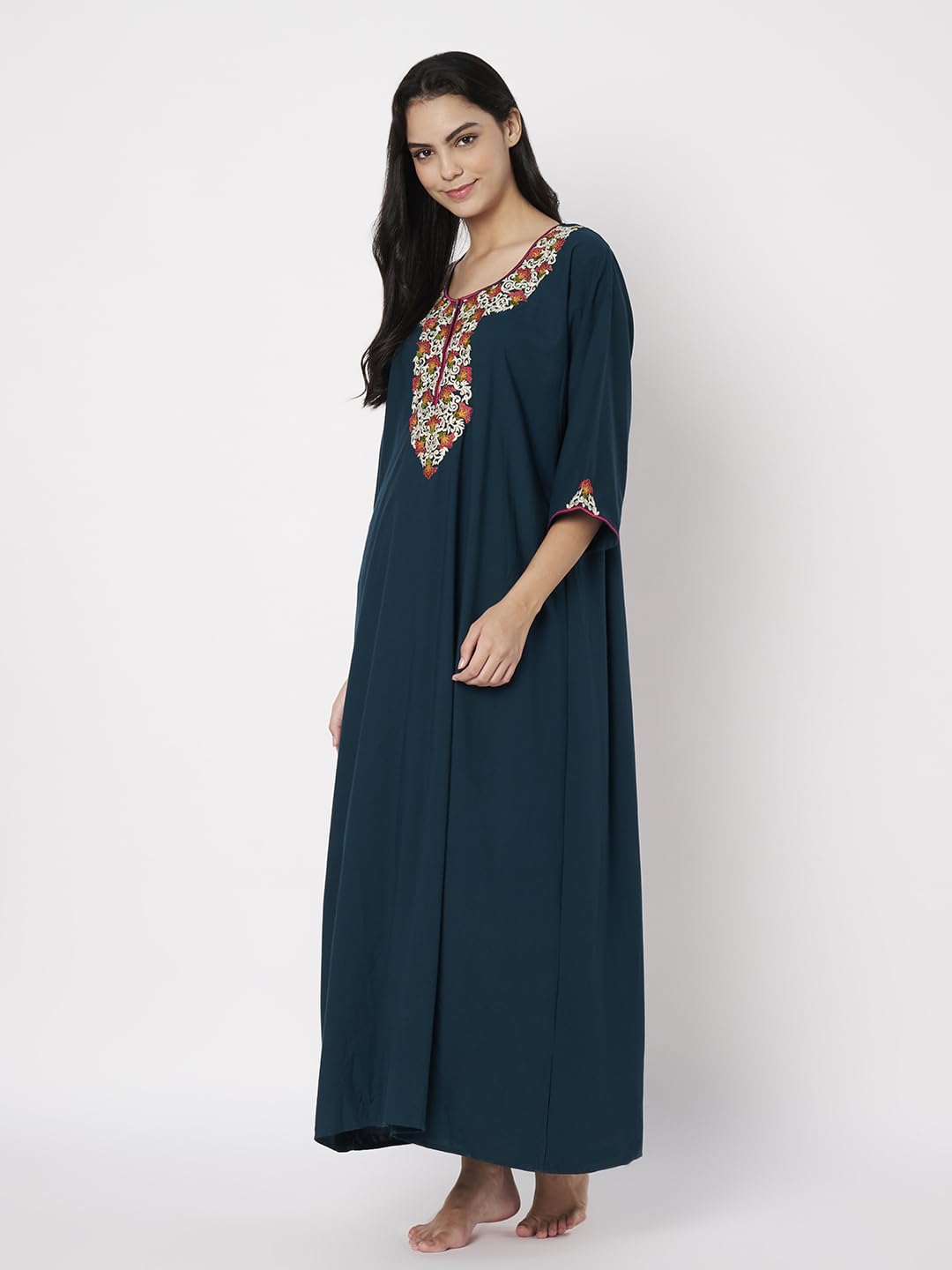 KOI SLEEPWEAR LissyBissy Cotton FLoral Embroidered 3/4th Sleeve Nightgown (Peacock Blue, L/XL)