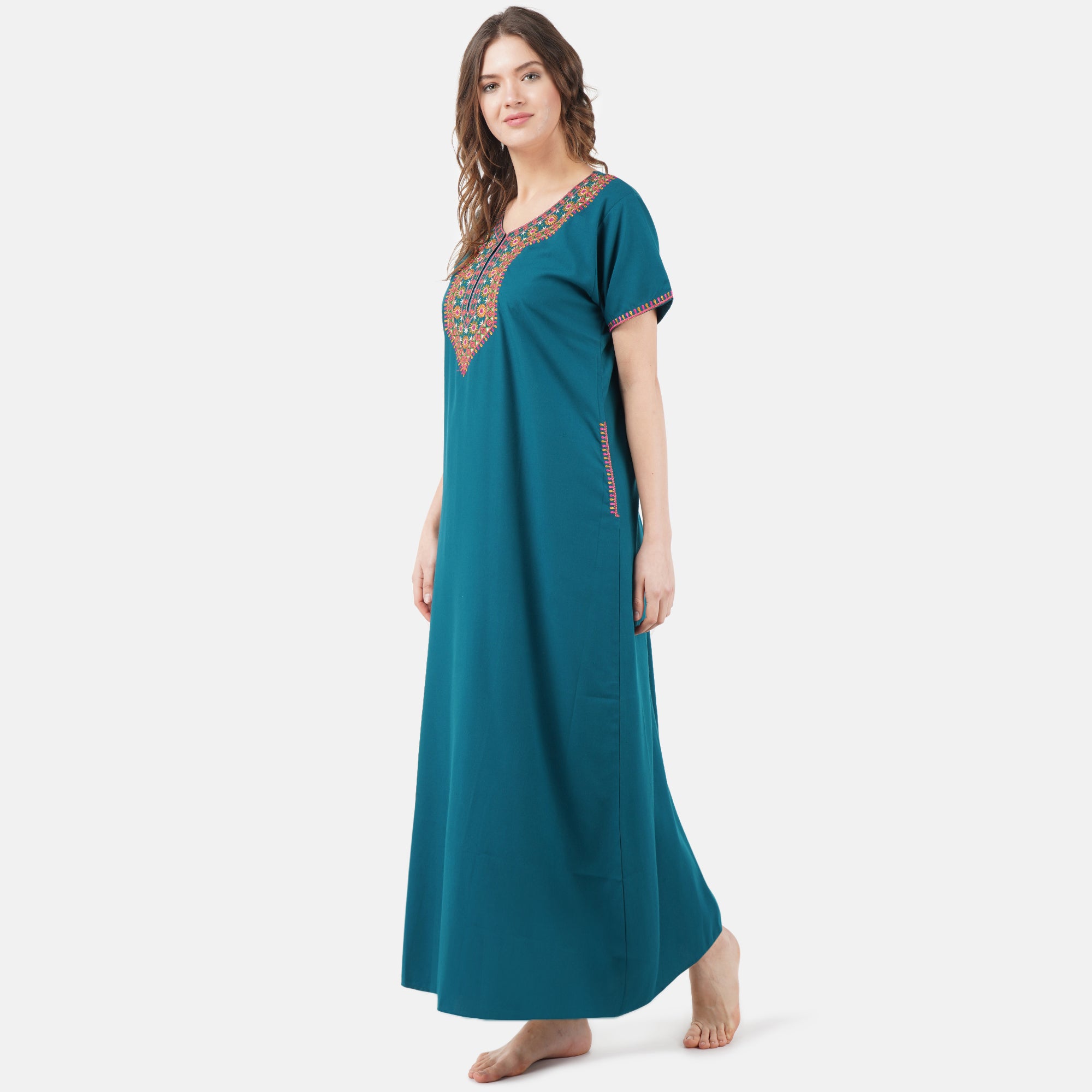 V-shaped Embroidery Night Gown