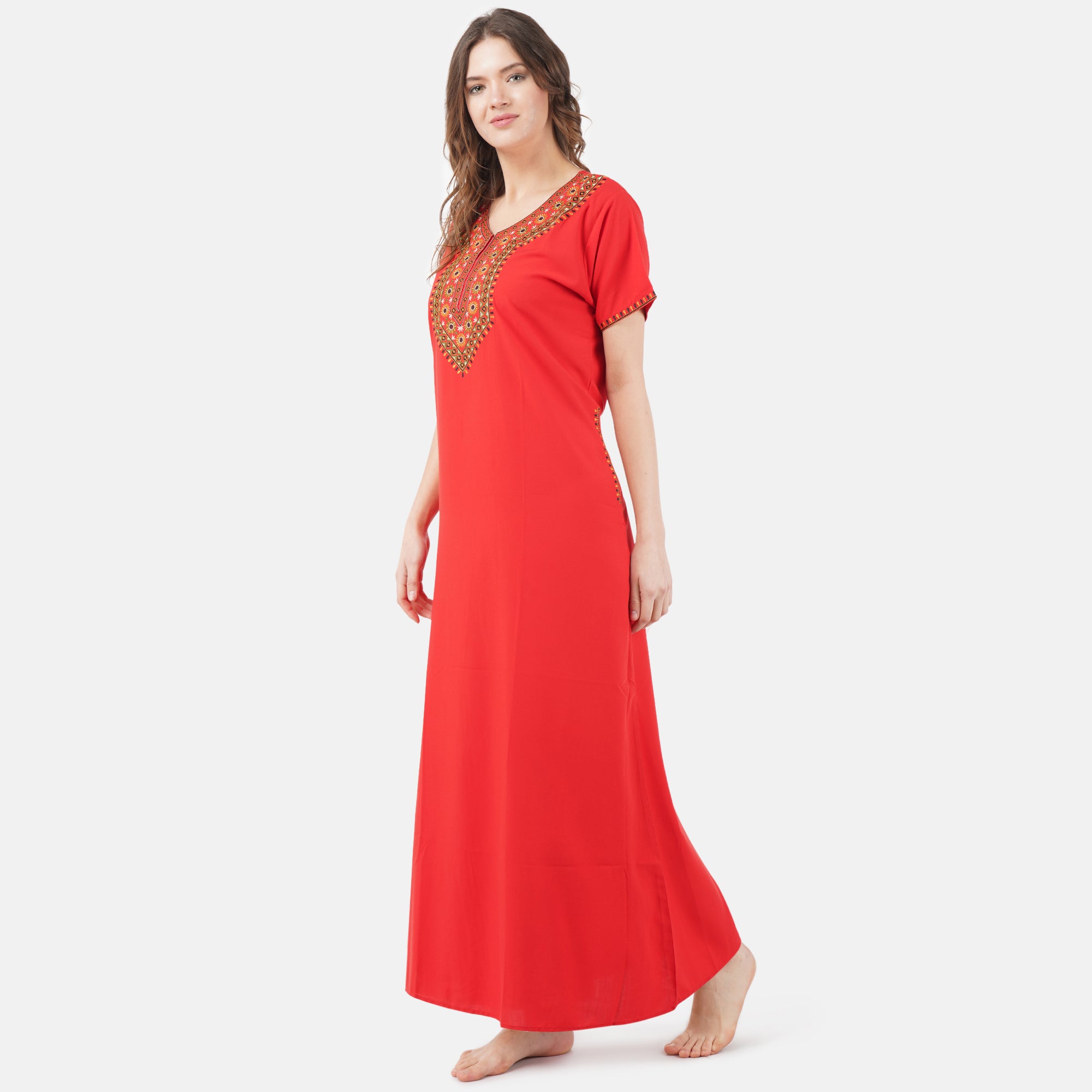 V-shaped Embroidery Night Gown