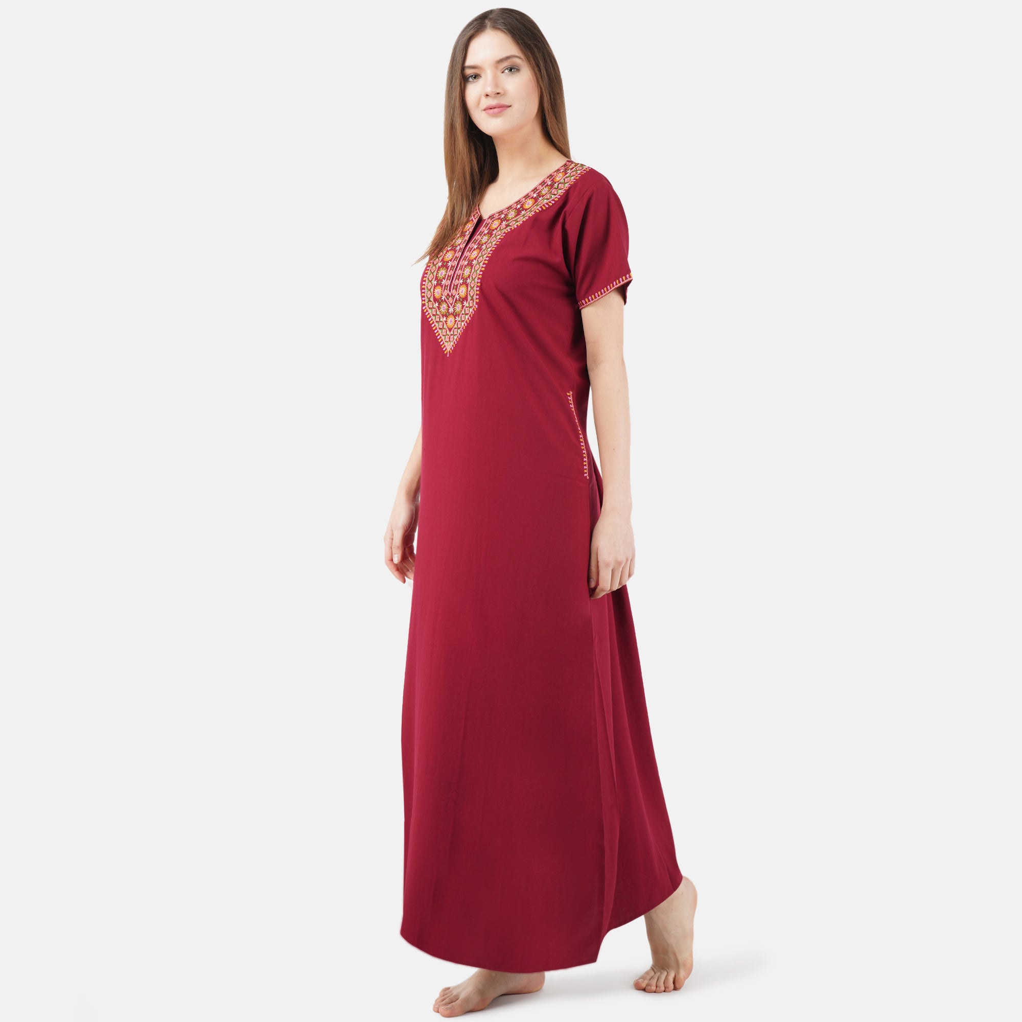 V-shaped Embroidery Night Gown