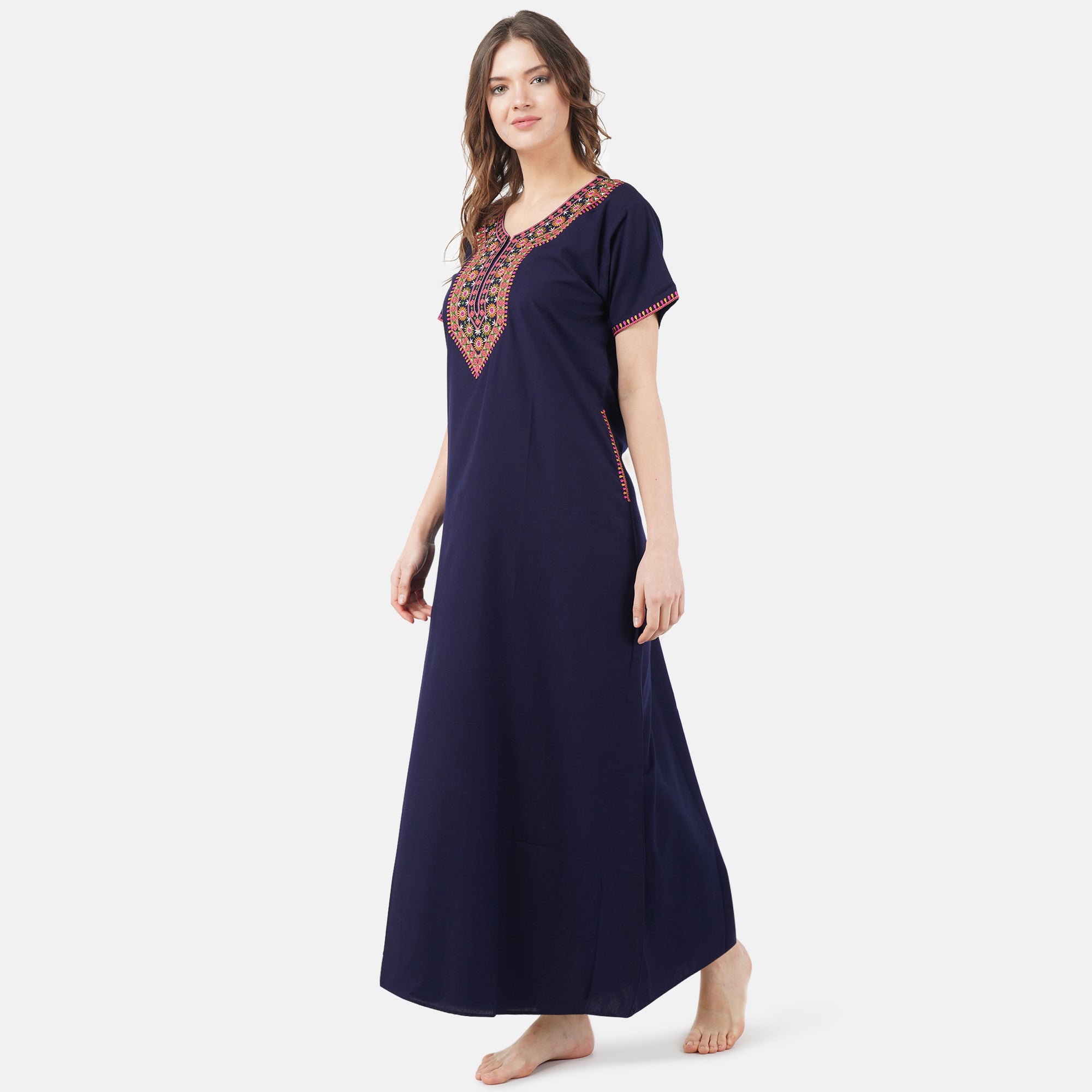 V-shaped Embroidery Night Gown