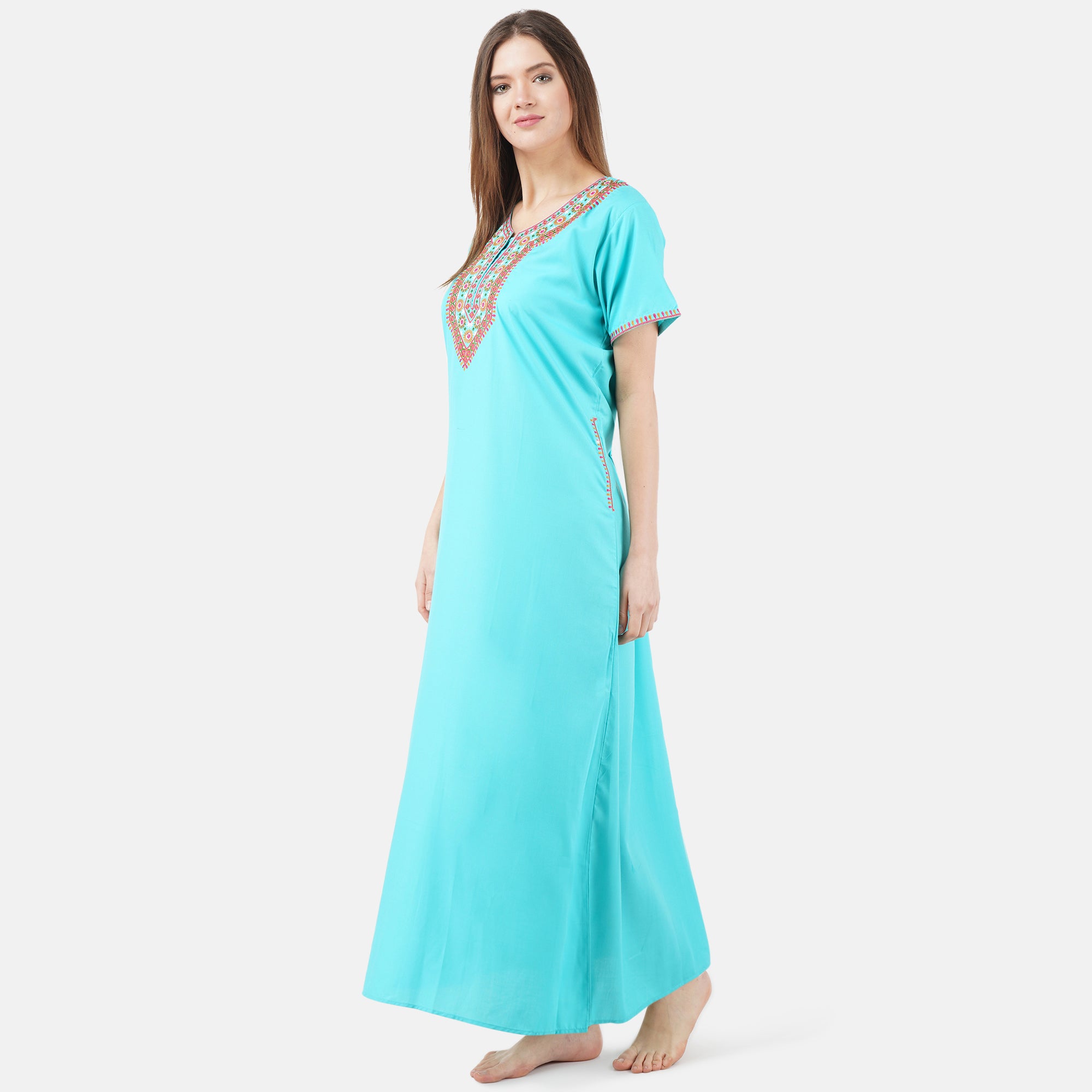 V-shaped Embroidery Night Gown