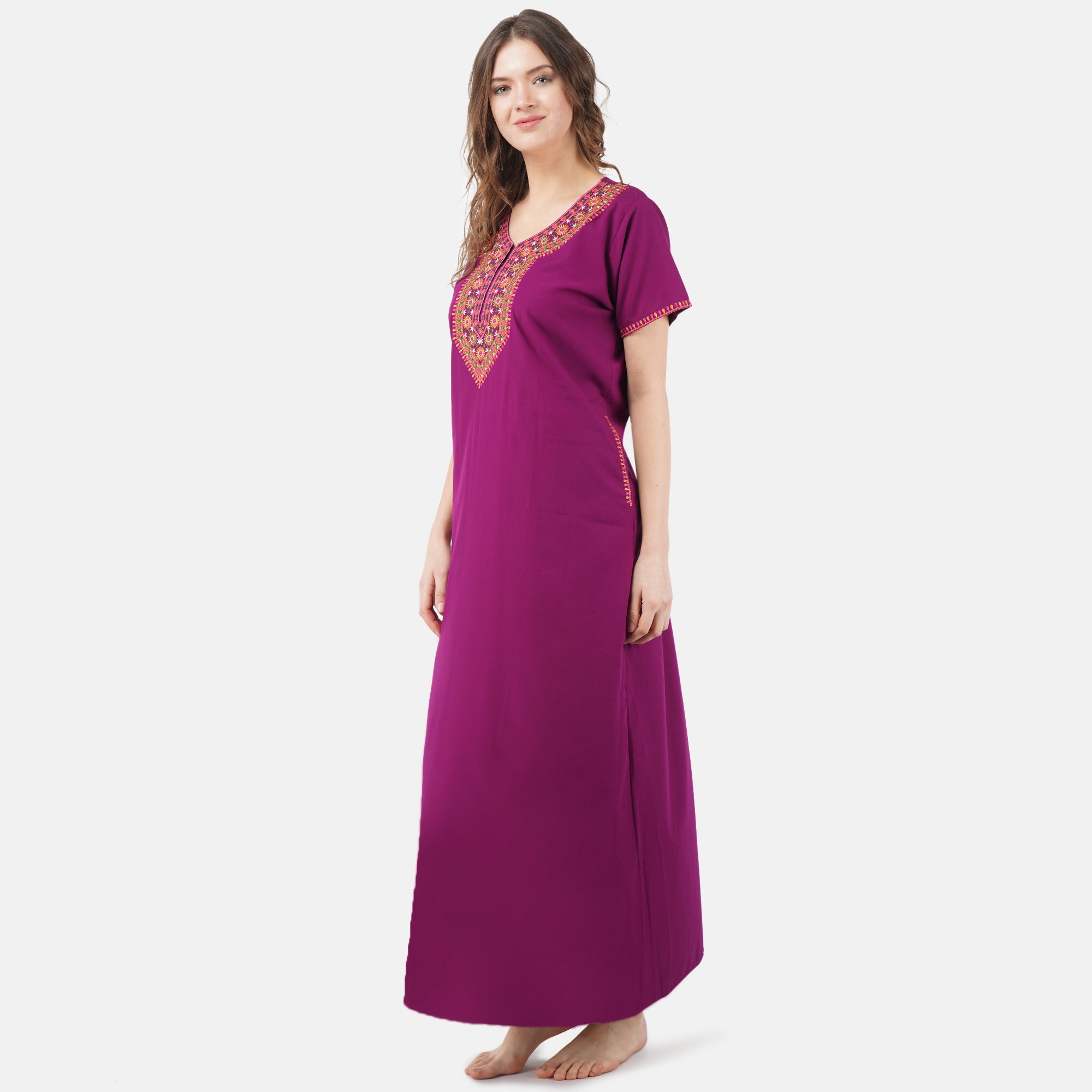 V-shaped Embroidery Night Gown