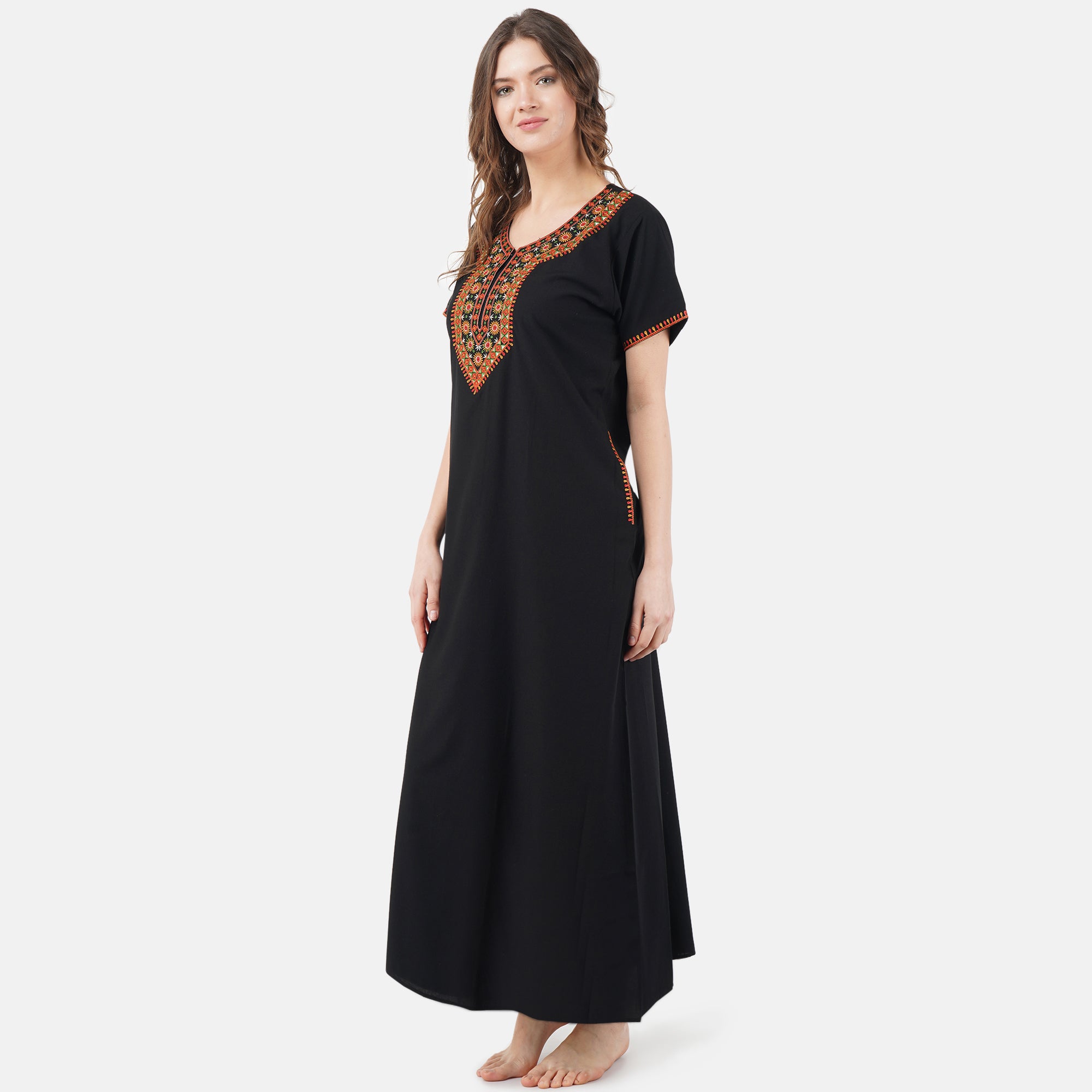 V-shaped Embroidery Night Gown