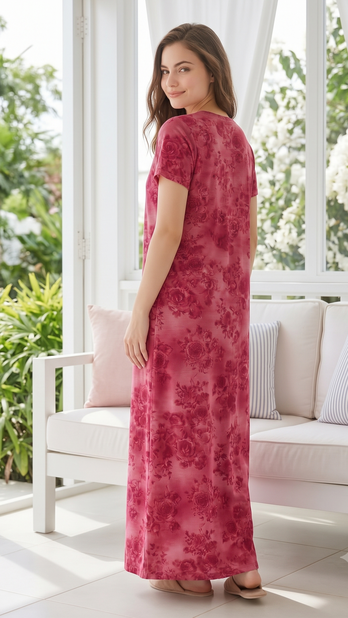 Women’s Short Sleeve Floral A-Line Alpine Nighty – Full Length Loungewear
