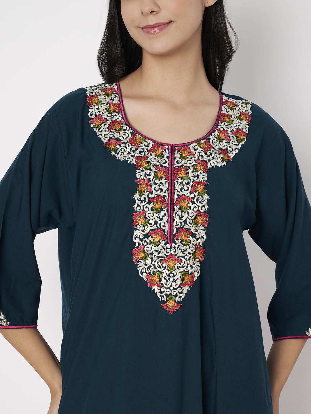 KOI SLEEPWEAR LissyBissy Cotton FLoral Embroidered 3/4th Sleeve Nightgown (Peacock Blue, L/XL)