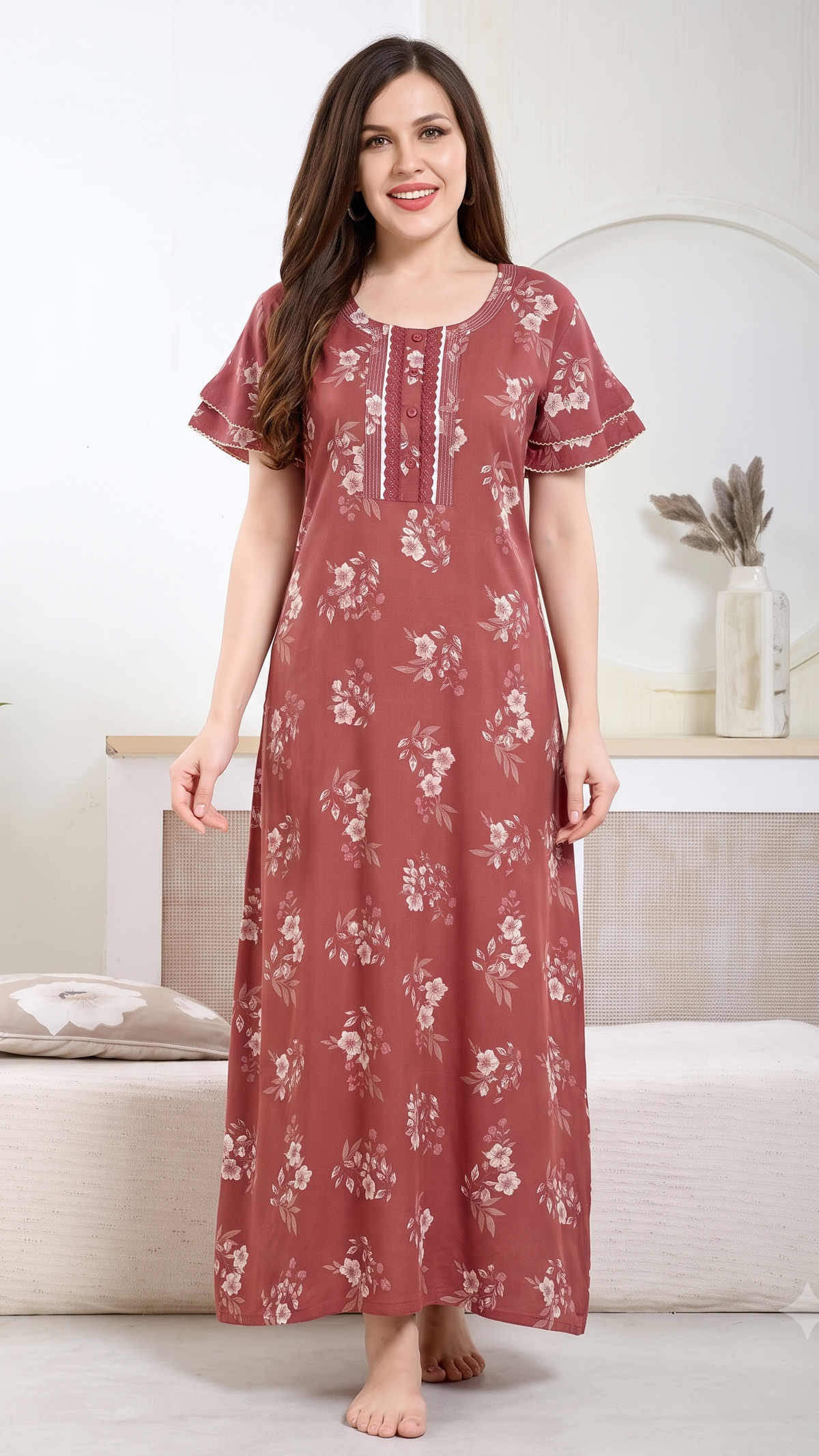 Floral Print Alpine Cotton A-Line Nightgown