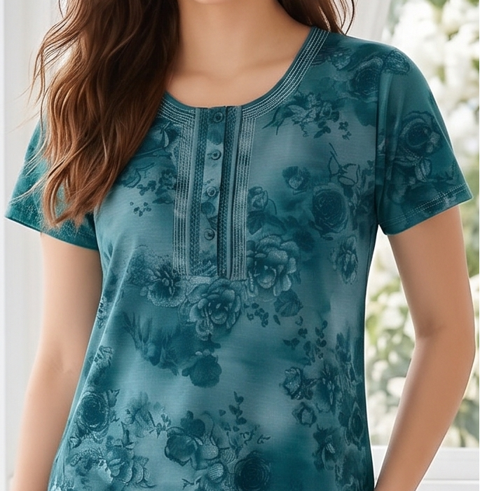 Women’s Short Sleeve Floral A-Line Alpine Nighty – Full Length Loungewear