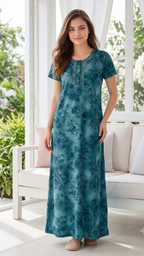 Women’s Short Sleeve Floral A-Line Alpine Nighty – Full Length Loungewear