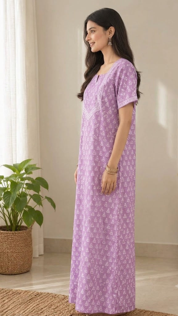 Cotton Block-Print A-Line Long Nightgown