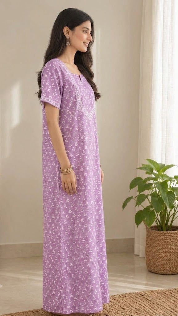 Cotton Block-Print A-Line Long Nightgown