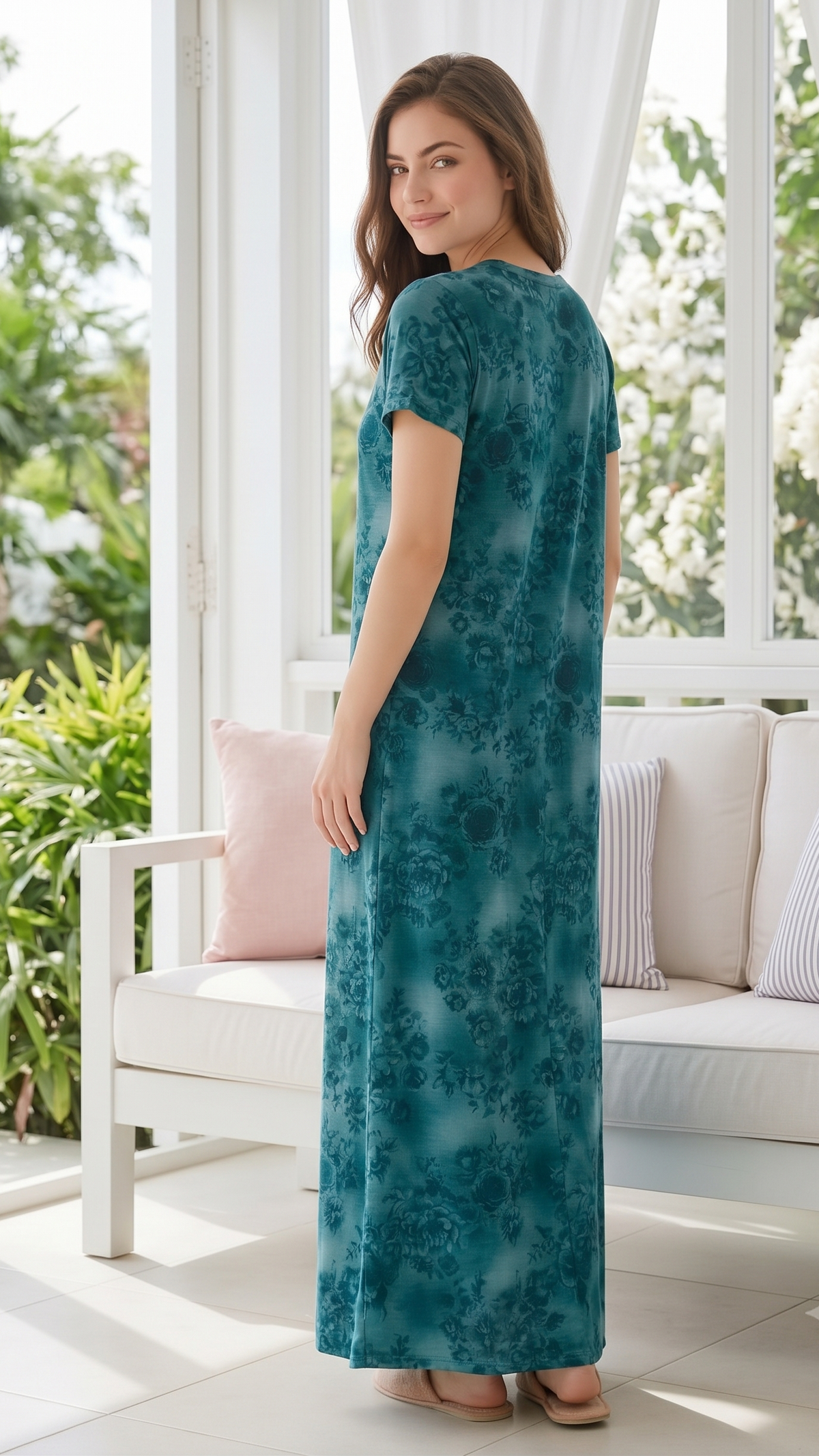 Women’s Short Sleeve Floral A-Line Alpine Nighty – Full Length Loungewear