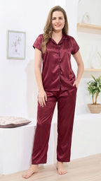 Maroon Itanlian Satin Two Piece Set | Short Sleeves