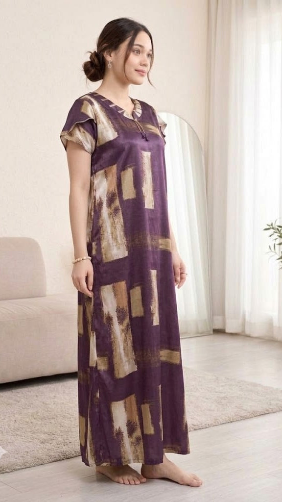 Abstract Elegance Teal Satin Long Nightgown