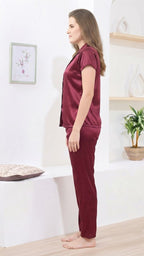 Maroon Itanlian Satin Two Piece Set | Short Sleeves