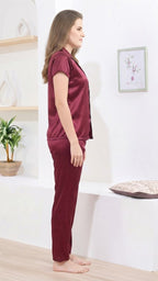 Maroon Itanlian Satin Two Piece Set | Short Sleeves