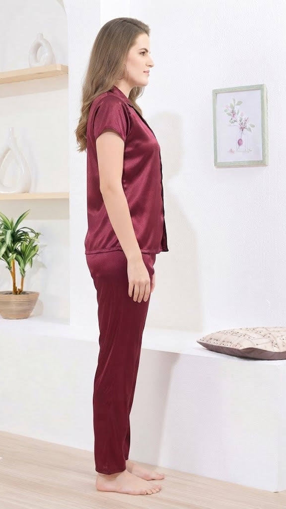 Maroon Itanlian Satin Two Piece Set | Short Sleeves