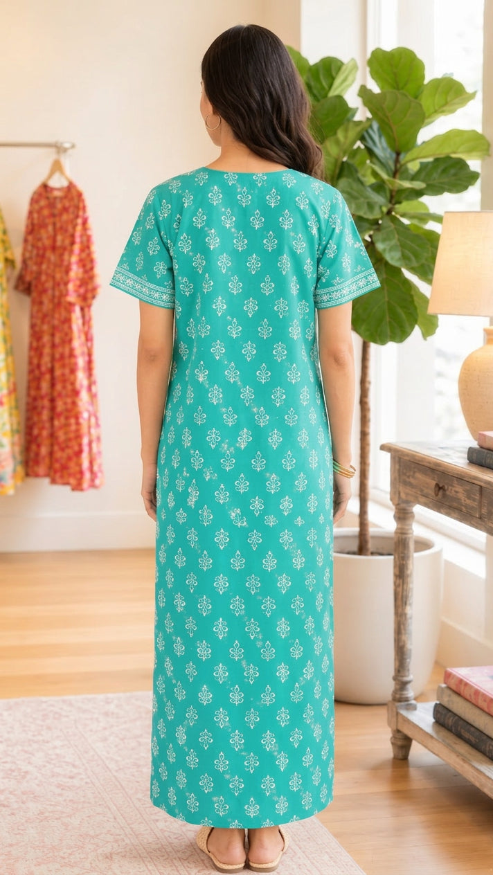 Cotton Block-Print A-Line Long Nightgown