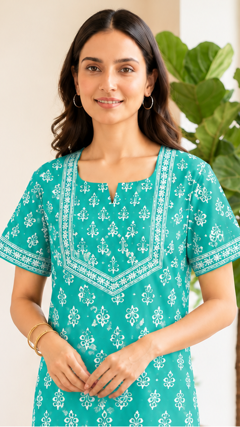 Cotton Block-Print A-Line Long Nightgown