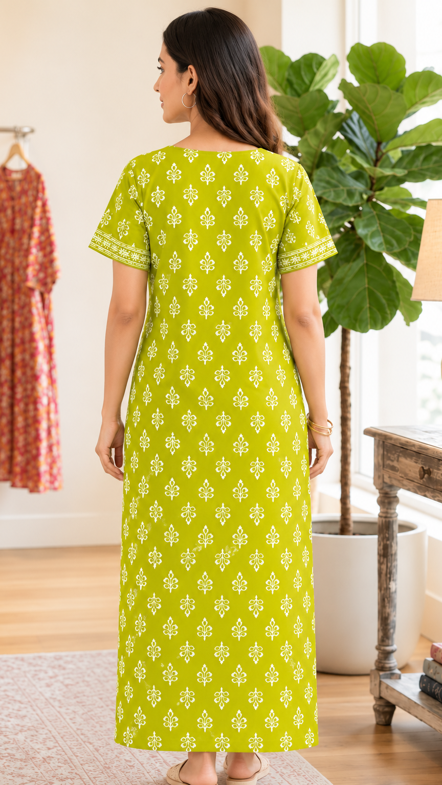 Cotton Block-Print A-Line Long Nightgown